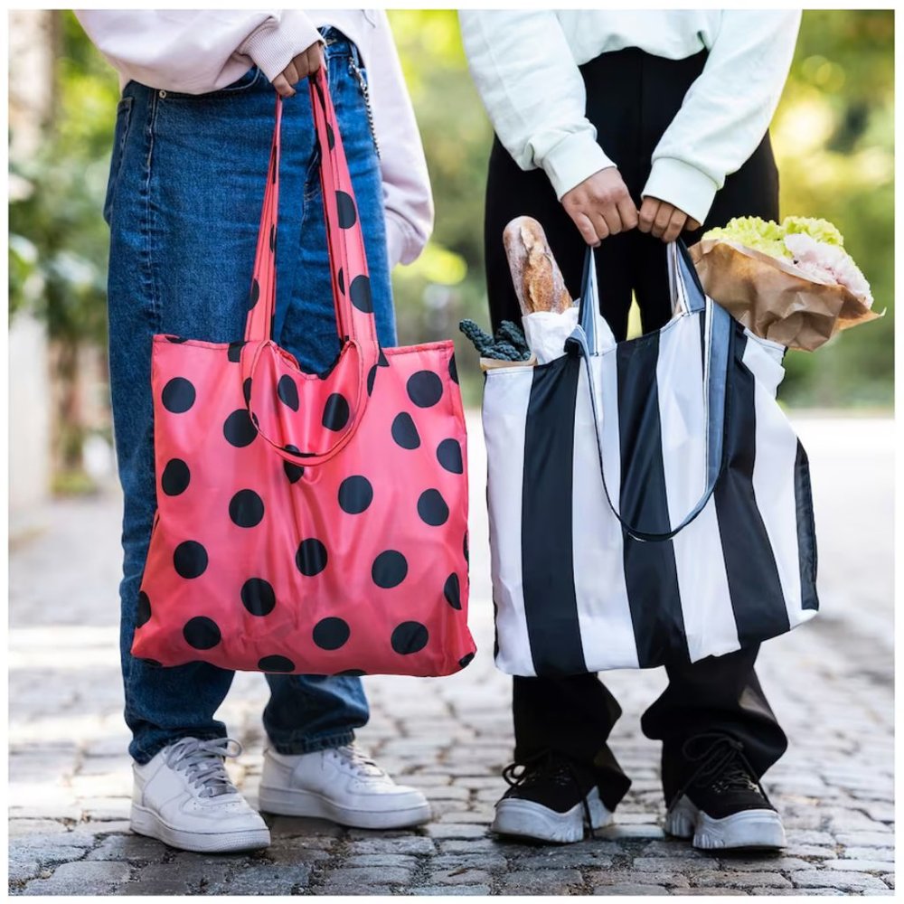 2 IKEA SKYNKE Reusable Shopping Bags Stripe/Black White Red/Black Polka Dot